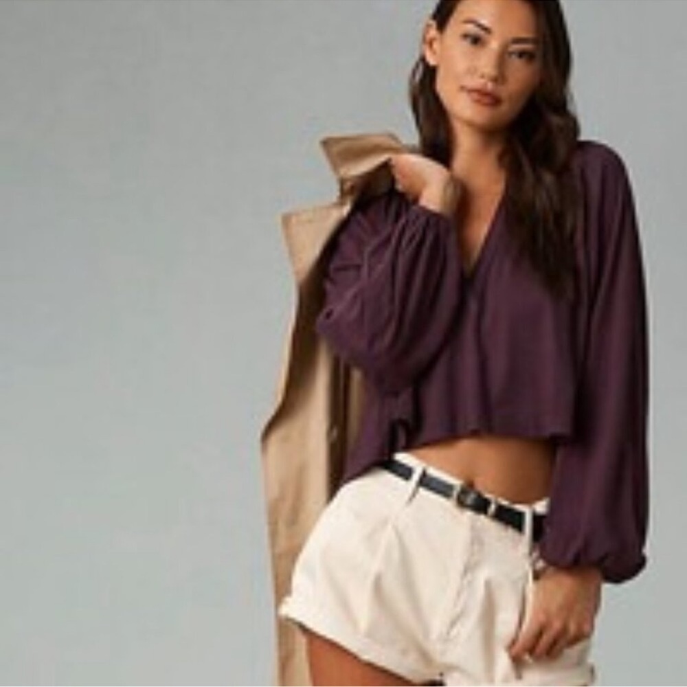 Anthropologie Maeve Split Neck Pleated Crop Blouse Size S
